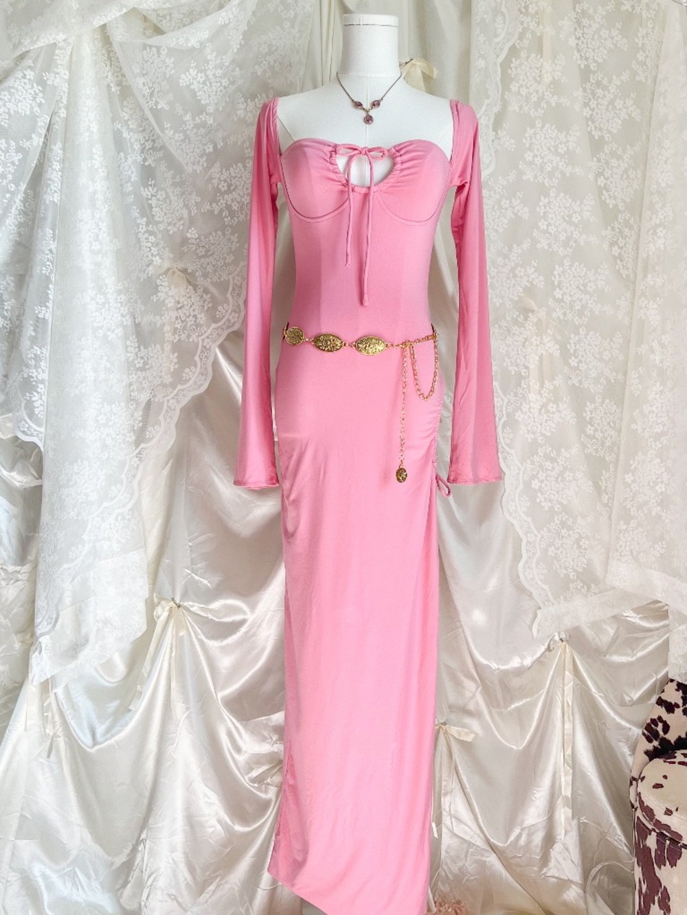 Pink Cut Out Y2K Coquette Barbiecore Maxi Dress
